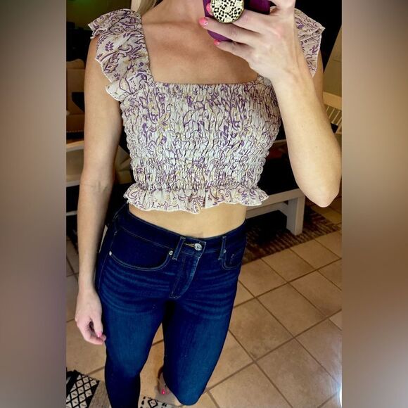 Perry Walker Collective Purple & Yellow Silk Floral Smocked Ruffle Sleeve Top - Picture 2 of 10